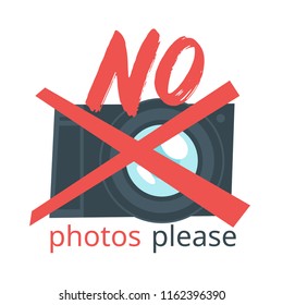 Vector cartoon style illustration of cross out photo camera. No photos please typography slogan for apparel design.