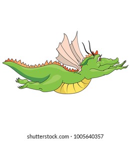 Vector cartoon style illustration of cute green flying dragon dragon isolated.  