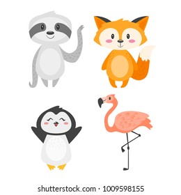 Vector cartoon style illustration of cute animals, isolated on white background.