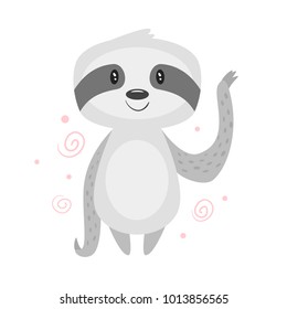 Vector cartoon style illustration of cute sloth, isolated on white background.