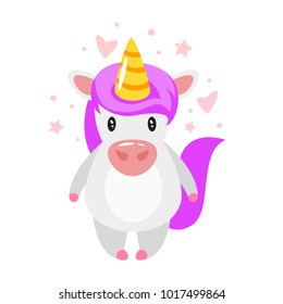 Vector cartoon style illustration of cute unicorn, isolated on white background.