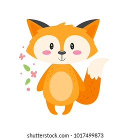 Vector cartoon style illustration of cute fox, isolated on white background.