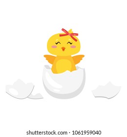 Vector cartoon style illustration of cute chick hatched from white egg. Isolated on white background.