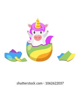 Vector cartoon style illustration of cute unicorn hatched from rainbow color egg. Isolated on white background.