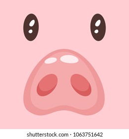 Vector cartoon style illustration of cute pink pig face: nose and eyes. 
