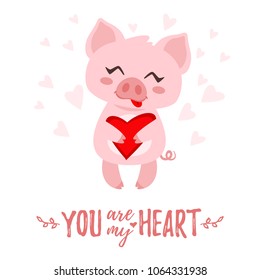 Vector cartoon style illustration of cute pink pig with heart in his hand. Isolated on white background with hearts. You are my heart text. 