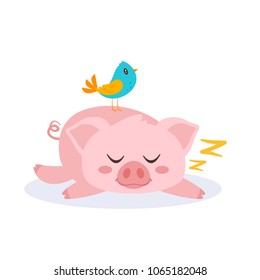 Vector cartoon style illustration of cute sleeping pink pig and a bird standing on it. Isolated on white background.