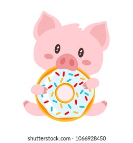 Vector cartoon style illustration of cute pink pig sitting and eating tasty doughnut. Isolated on white background.