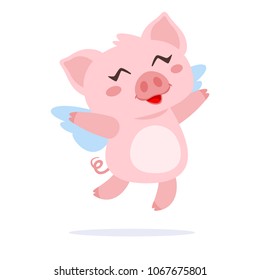 Vector cartoon style illustration of cute pink flying pig with wings. Isolated on white background.