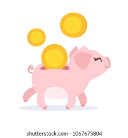 Dibujo vectorial al estilo de las lindas monedas de oro y banco de cerdo rosado.  Cerdo corriendo y sonriendo. Aislado sobre fondo blanco.