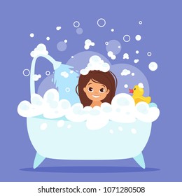 Vector cartoon style illustration of cute kid girl taking a bath full of soap foam. Yellow rubber duck in bathtub.