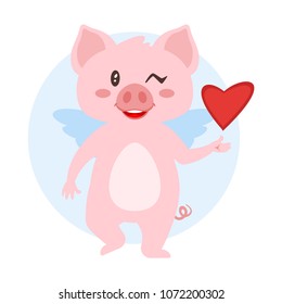 Vector cartoon style illustration of cute winking pig with wings and heart.