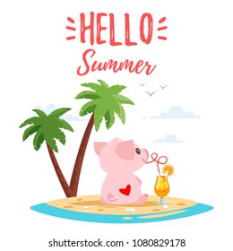 Vector cartoon style illustration of cute pink pig sitting backwards with heart on its back and drink cocktail. Tropical island with palm trees. Isolated on white background.

