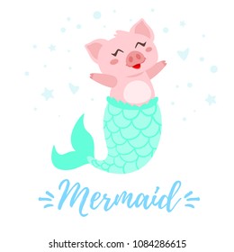 Vector cartoon style illustration of cute pig with mermaid tail character. Mermay concept. 