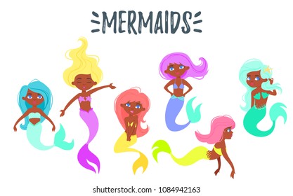 Vector cartoon style illustration of cute mermaid Afro-american character. Mermay concept. Mythical marine princess.