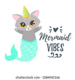 Vector cartoon style illustration of cute cat with unicorn horn and mermaid tail character. Mermay concept. 
