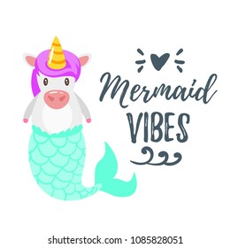 Vector cartoon style illustration of cute unicorn with mermaid tail. Mermay concept. Mythical marine princess.