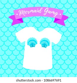 Vector cartoon style illustration of cute mermaid t-shirt with sea shells. Mermay concept. Mermaid gang text.