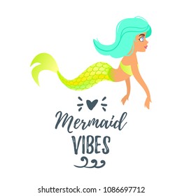Vector cartoon style illustration of cute mermaid character. Mermay concept. Mythical marine princess with colorful hair.