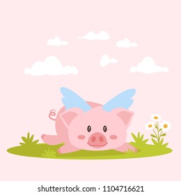 Vector cartoon style illustration of cute pink pig with wings lying on the green  meadow. 
