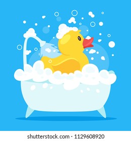 Vector cartoon style illustration of cute yellow rubber duck taking a bath full of soap foam. Blue background.