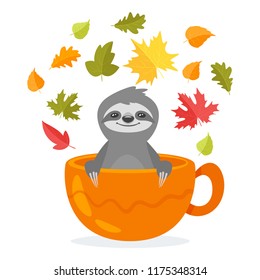 Vector cartoon style illustration of cute sloth character sitting in a cup and autumn flowers around, isolated on white background. Print for t-shirt or poster design.