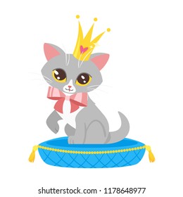Vector cartoon style illustration of cute cat character in golden crown sitting on luxury blue pillow, isolated on white background. Print for t-shirt or poster design.