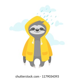 Vector cartoon style illustration of cute sloth character in yellow raincoat, isolated on white background. Print for t-shirt or poster design. Rainy weather.