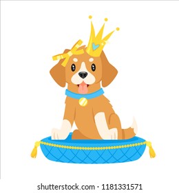 Vector cartoon style illustration of cute dog character in golden crown sitting on luxury blue pillow, isolated on white background. Print for t-shirt or poster design.