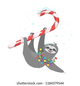 Vector cartoon style illustration of cute sloth hanging on big stripped candy cane. Exaggerated object.