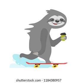 Vector cartoon style illustration of cute sloth character riding skateboard, isolated on white background. Print for t-shirt or poster design.