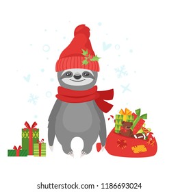 Vector cartoon style illustration of cute sloth character holding Santa Claus gift bag full of presents, isolated on white background. Print for t-shirt or poster design.