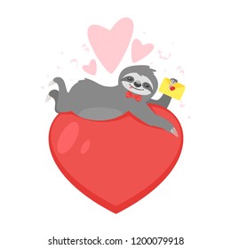 Vector cartoon style illustration of cute sloth character lying on big red heart and holding love letter, isolated on white background. Print for t-shirt or poster design.