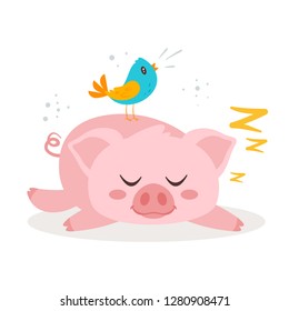 Vector cartoon style illustration of cute sleeping pink pig and a bird standing on it. Isolated on white background.