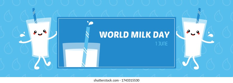 Vector cartoon style illustration with cute smiling milk glass characters holding banner, card for World Milk Day.