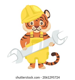 Vector cartoon style illustration of a cute tiger in workwear holding wrench. Isolated on white background.