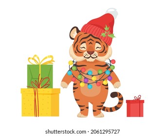 Vector cartoon style illustration of a cute tiger with presents around. Isolated on white background.