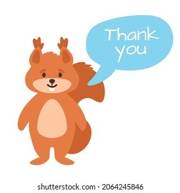 Vector cartoon style illustration of a cute squirrel. Isolated on white background. Thank you text.