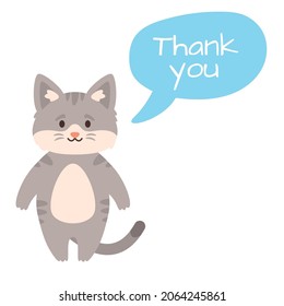 Vector cartoon style illustration of a cute cat. Isolated on white background. Thank you text in a speech bubble.