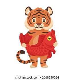 Vector cartoon style illustration of a cute tiger holding goldfish as a symbol of a Chinese New Year, wealth, and prosperity. Isolated on white background.