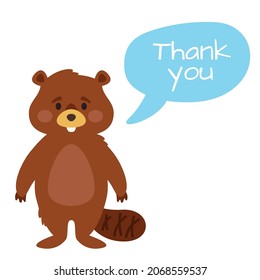Vector cartoon style illustration of a cute beaver. Isolated on white background. Thank you text.