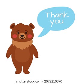 Vector cartoon style illustration of a cute bear. Isolated on white background. Thank you text.