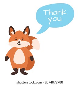 Vector cartoon style illustration of a cute fox. Isolated on white background. Thank you text.