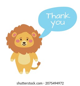 Vector cartoon style illustration of a cute lion. Isolated on white background. Thank you text.