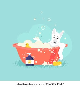 Vector cartoon style illustration of a cute Dog taking a Bath full of soapy suds. Yellow rubber duck in the Bathroom. Grooming concept. Flat Cartoon Style. Vector illustration.