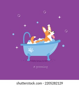 Vektorgrafik-Stil Illustration von süßem Corgi-Hund, der ein Bad voll von Seifenschaum nimmt. Grooming Konzept. violetter Hintergrund.	
