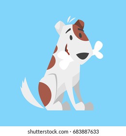 Vector cartoon style illustration of cute happy dog holding bone in his mouth. 