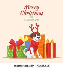 Vector cartoon style illustration of cute dog with deer Christmas horns and presents at the back. New Year greeting card. Template for print. 