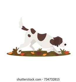 Vector cartoon style illustration of cute dog hunting, isolated on white background 
