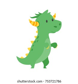 Vector cartoon style illustration of cute green dragon isolated on white background.